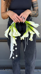Person holding a bouquet of white flowers with green leaves against a neutral background