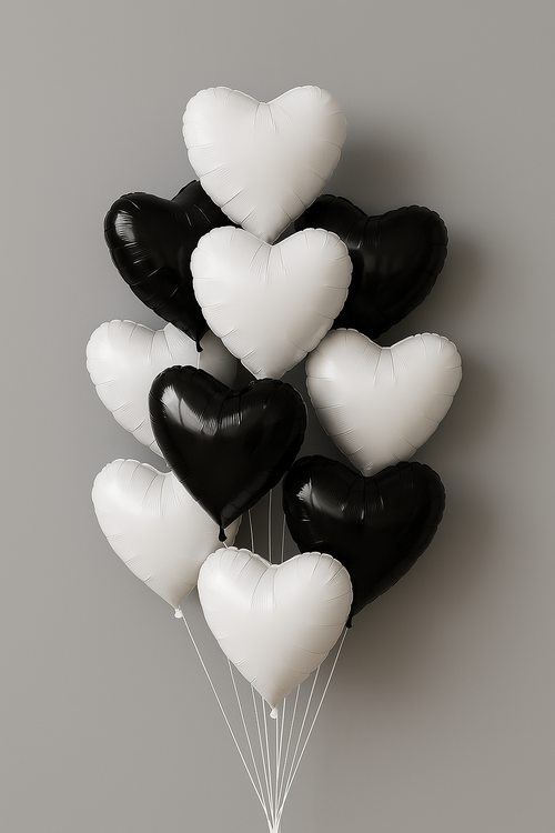 Black and white heart-shaped balloons on a gray background