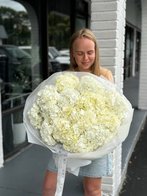 A person holding a large bouquet of white hydrangea flowers.