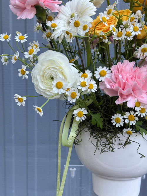 Big and small colorful flowers bunch in a pot