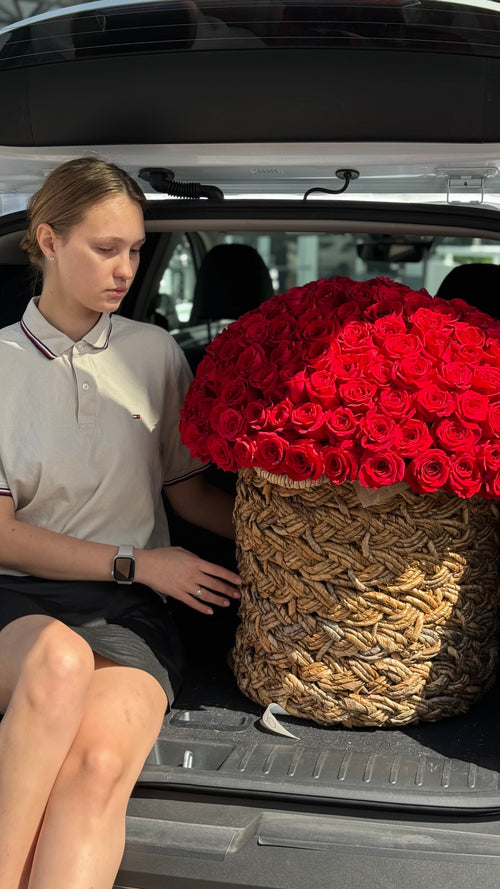 Huge red roses in a basket