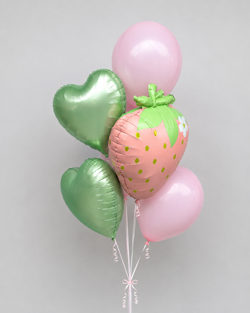 Pink Strawberry Balloon Set with Sage Green Hearts