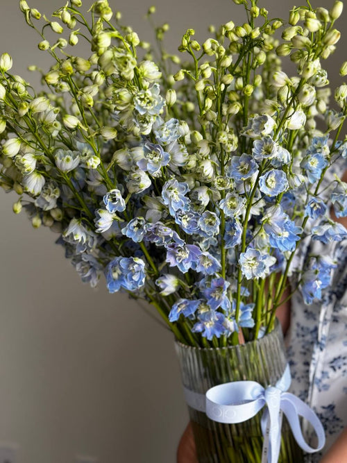 Bouquet of blue and creme flowers in a jar