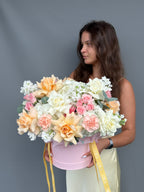  Elegant rose and hydrangea flower box in soft peach and blush tones