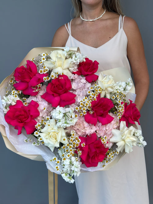 Pink Romance | Hot Pink & White Rose Bouquet