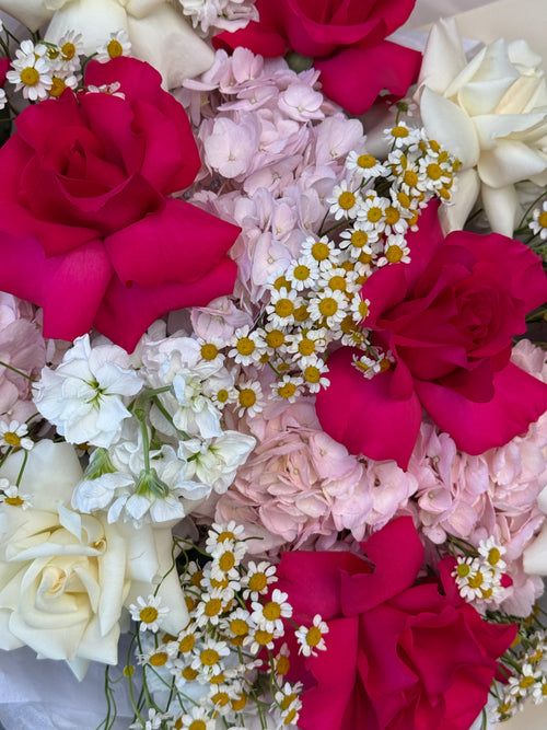 A close-up of a mixed floral arrangement featuring bright pink and deep magenta roses, pale pink carnations, white roses, and small white daisies with yellow centers.