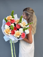 Luxury garden rose bouquet with moluccella (Bells of Ireland) and white carnations by GiGi Flower Studio