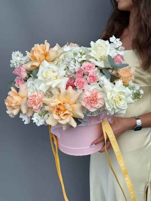 Luxury flower box with peach roses, white hydrangeas, and spray roses