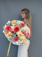 Luxury coral garden rose bouquet with white hydrangeas and chamomile by GiGi Flower Studio