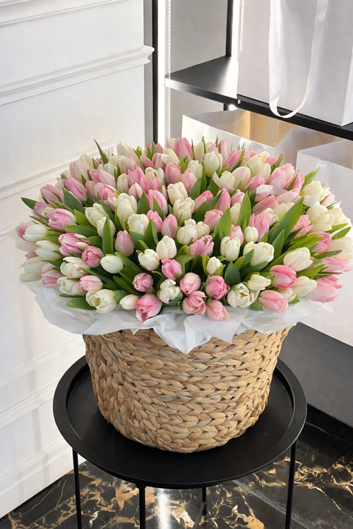 Basket pink and white tulips